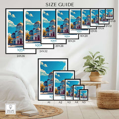 Sofia Travel Poster - Bulgaria size guide showcasing various print dimensions for home decor.