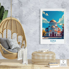 Sofia Travel Poster - Bulgaria displayed on a wall in a modern interior with a hanging chair and decorative elements.