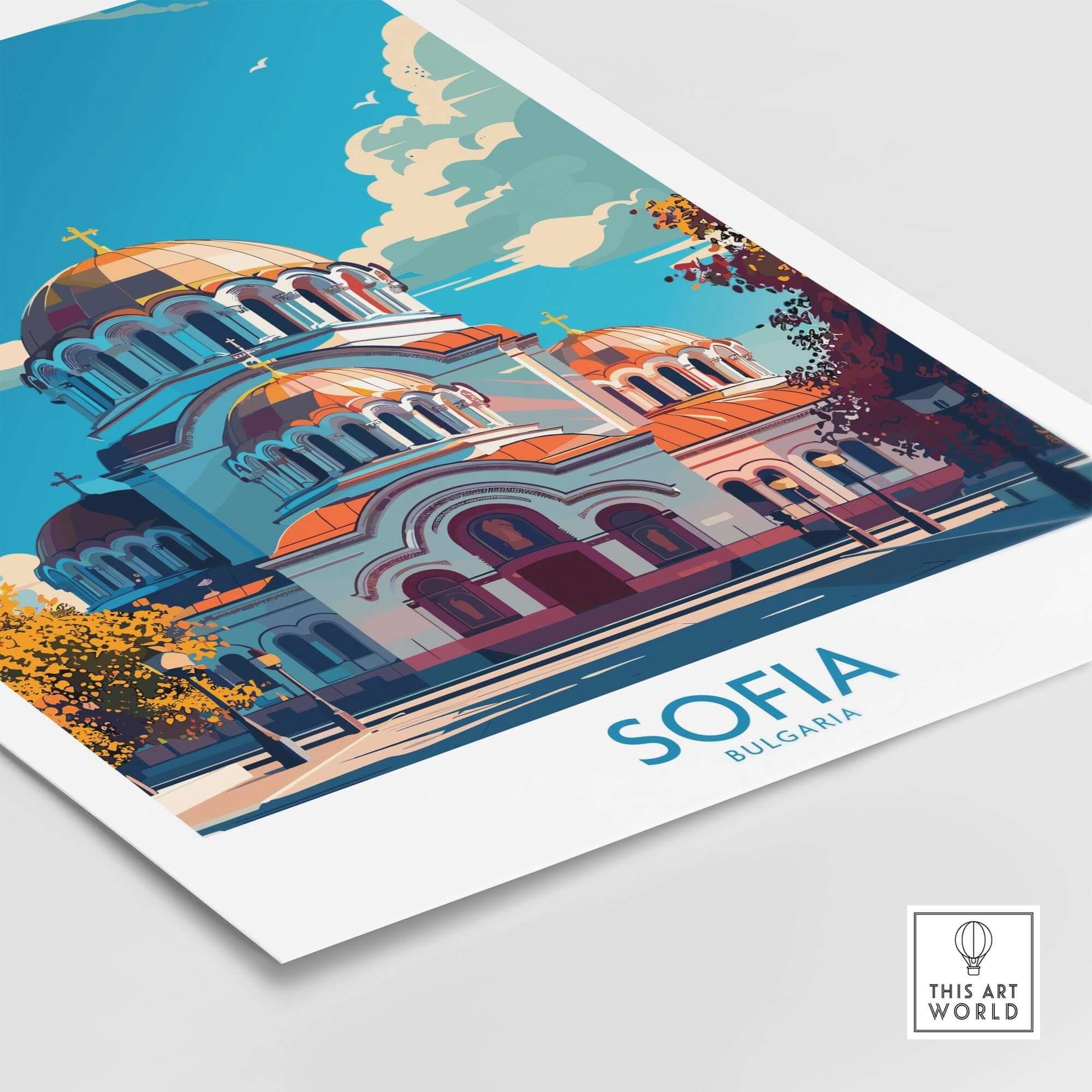 Sofia Travel Poster - Bulgaria featuring Alexander Nevsky Cathedral in vibrant colors and intricate architectural detail.