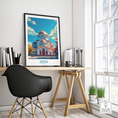 Sofia Travel Poster - Bulgaria in a stylish home office setting, showcasing the iconic Alexander Nevsky Cathedral.