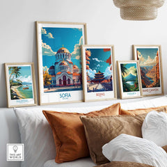 Sofia Travel Poster - Bulgaria displayed among various travel posters in a stylish interior setting.
