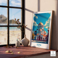 Sofia Travel Poster - Bulgaria displayed in a cozy interior, featuring the iconic architecture of Sofia's landmark.
