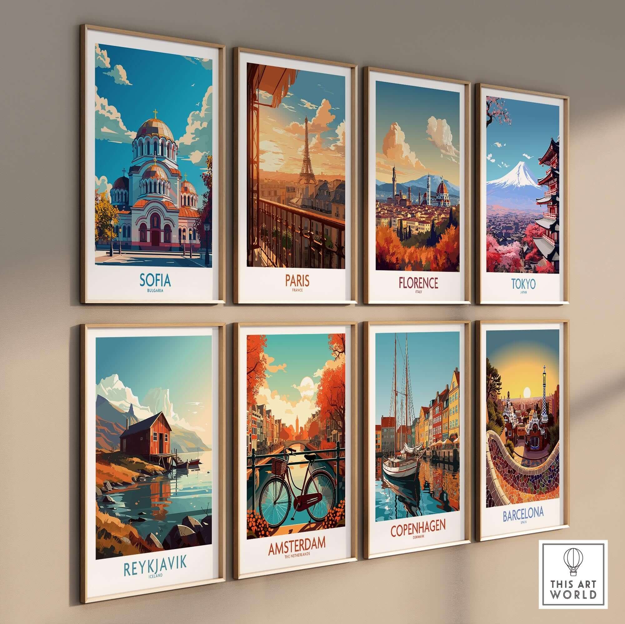 Sofia Travel Poster - Bulgaria and other famous city posters displayed on a wall.