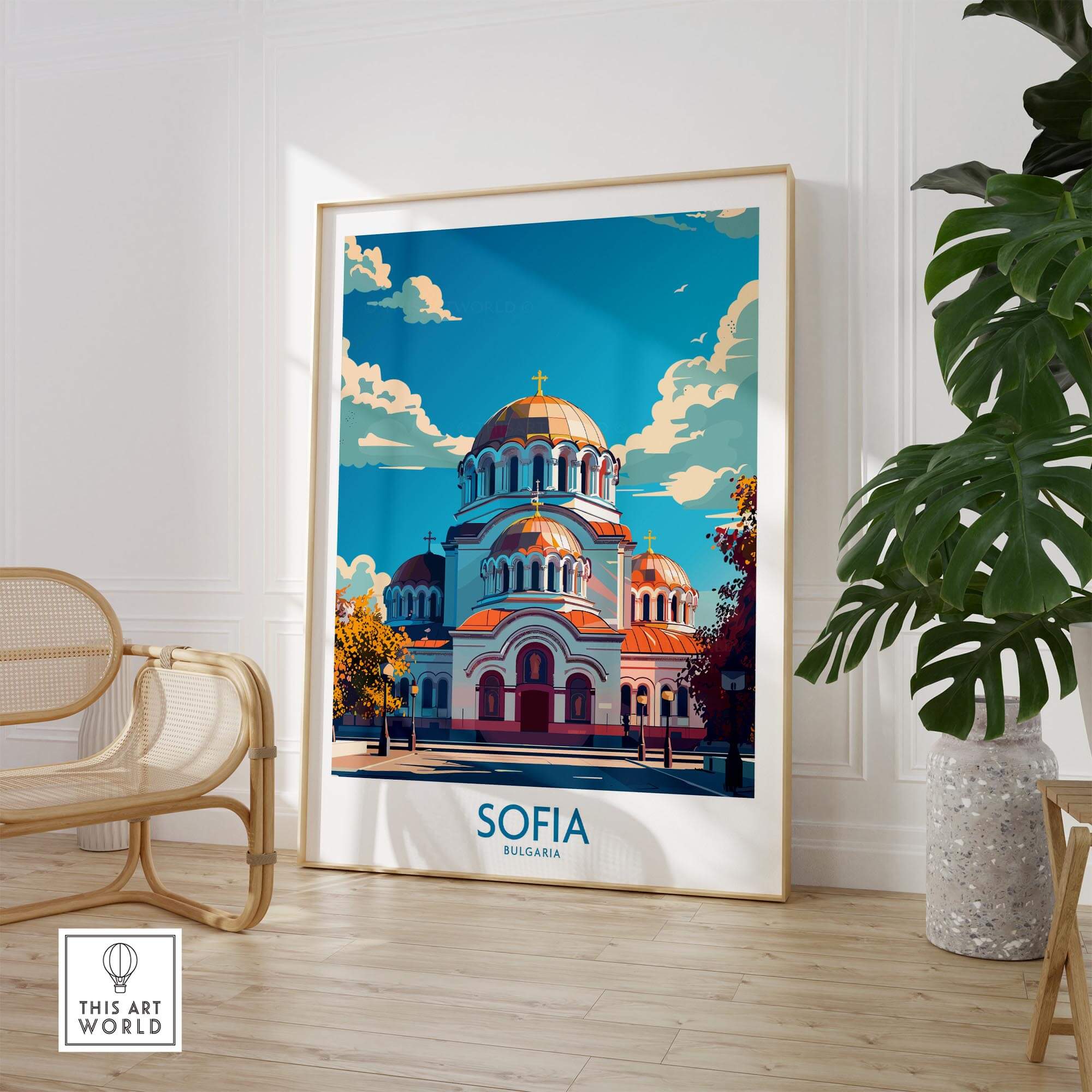 Sofia Travel Poster - Bulgaria showcasing Alexander Nevsky Cathedral in vibrant colors and modern design.