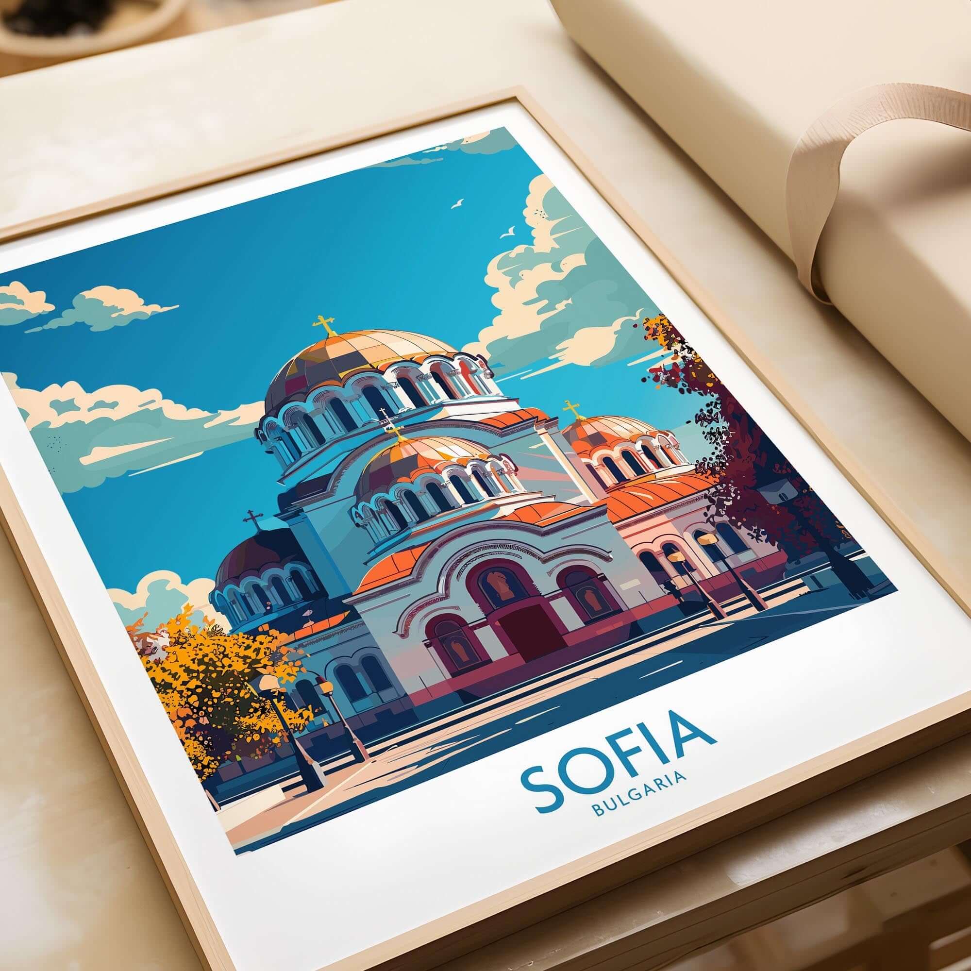 Sofia Travel Poster - Bulgaria featuring the colorful Alexander Nevsky Cathedral art print.
