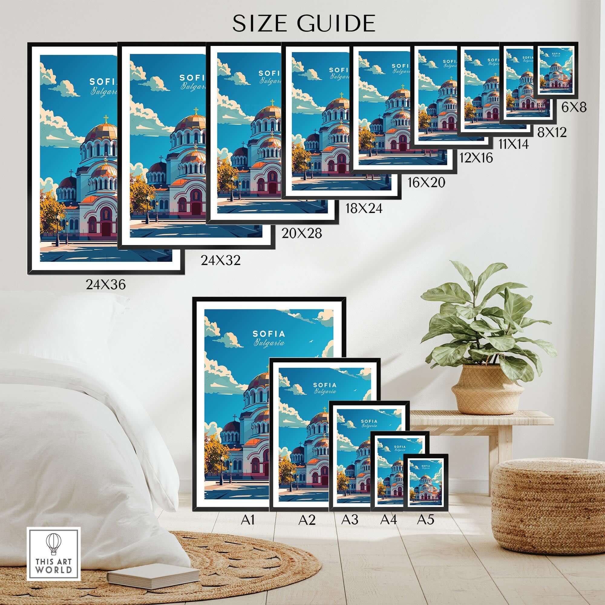 Sofia Travel Print - Bulgaria size guide displaying various print dimensions and styles in a living room setting.