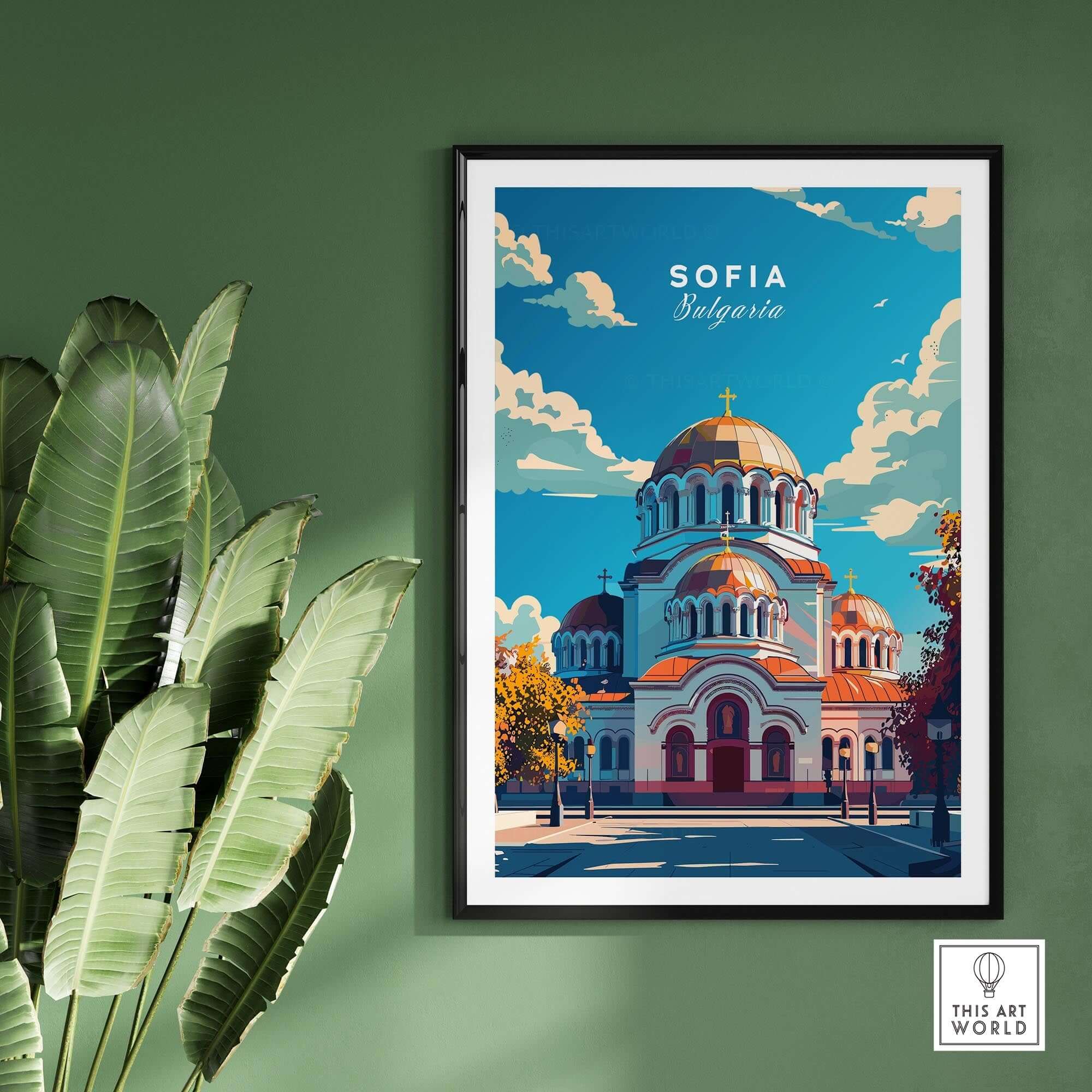 Sofia Travel Print - Bulgaria vibrant poster showcasing the iconic architecture of Sofia, Bulgaria.