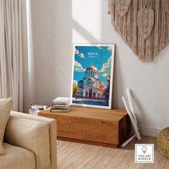 Sofia Travel Print - Bulgaria displayed on wooden table in stylish living room.
