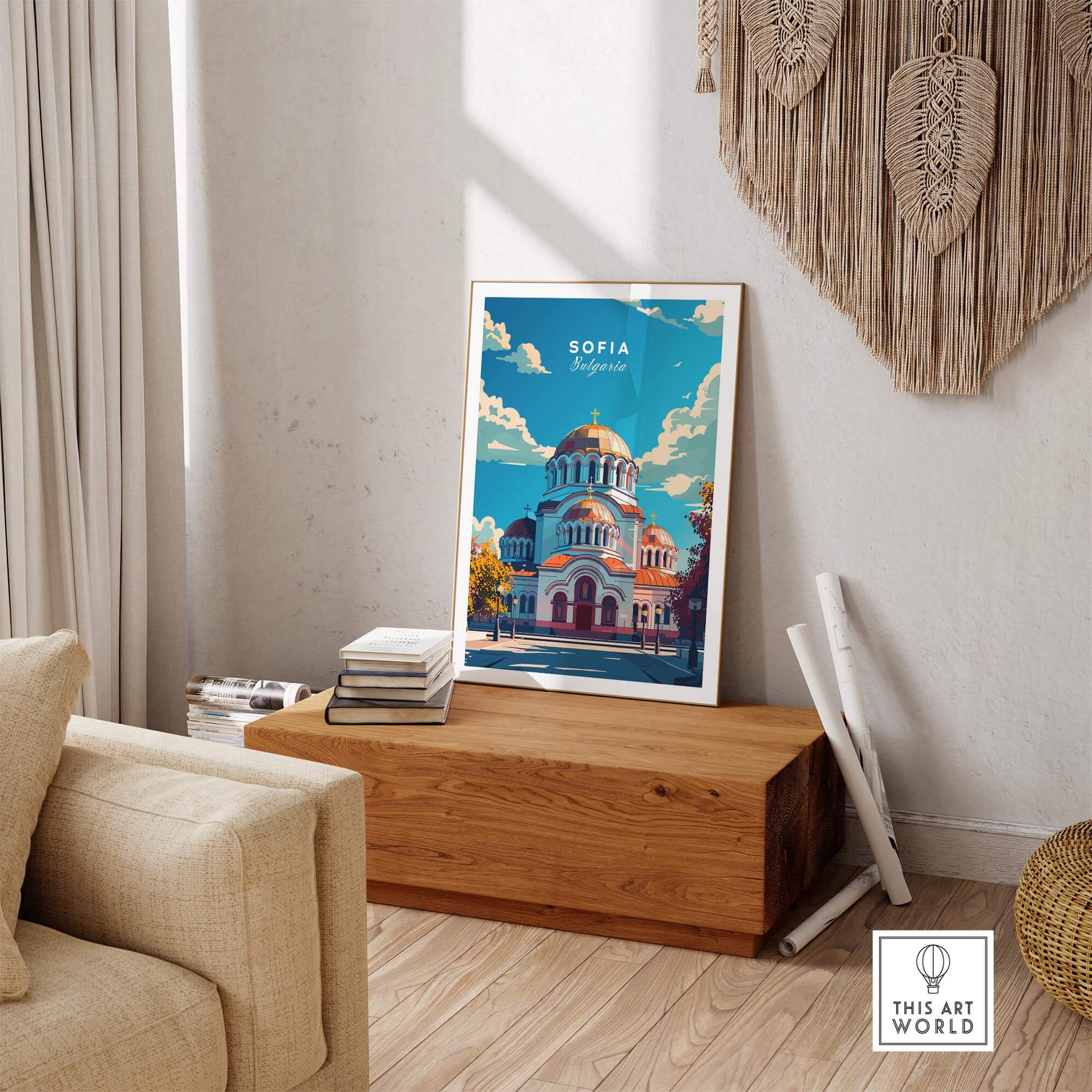 Sofia Travel Print - Bulgaria displayed on wooden table in stylish living room.