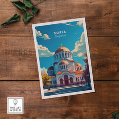 Sofia Travel Print - Bulgaria vibrant poster showcasing the architecture of Sofia, Bulgaria against a bright sky.
