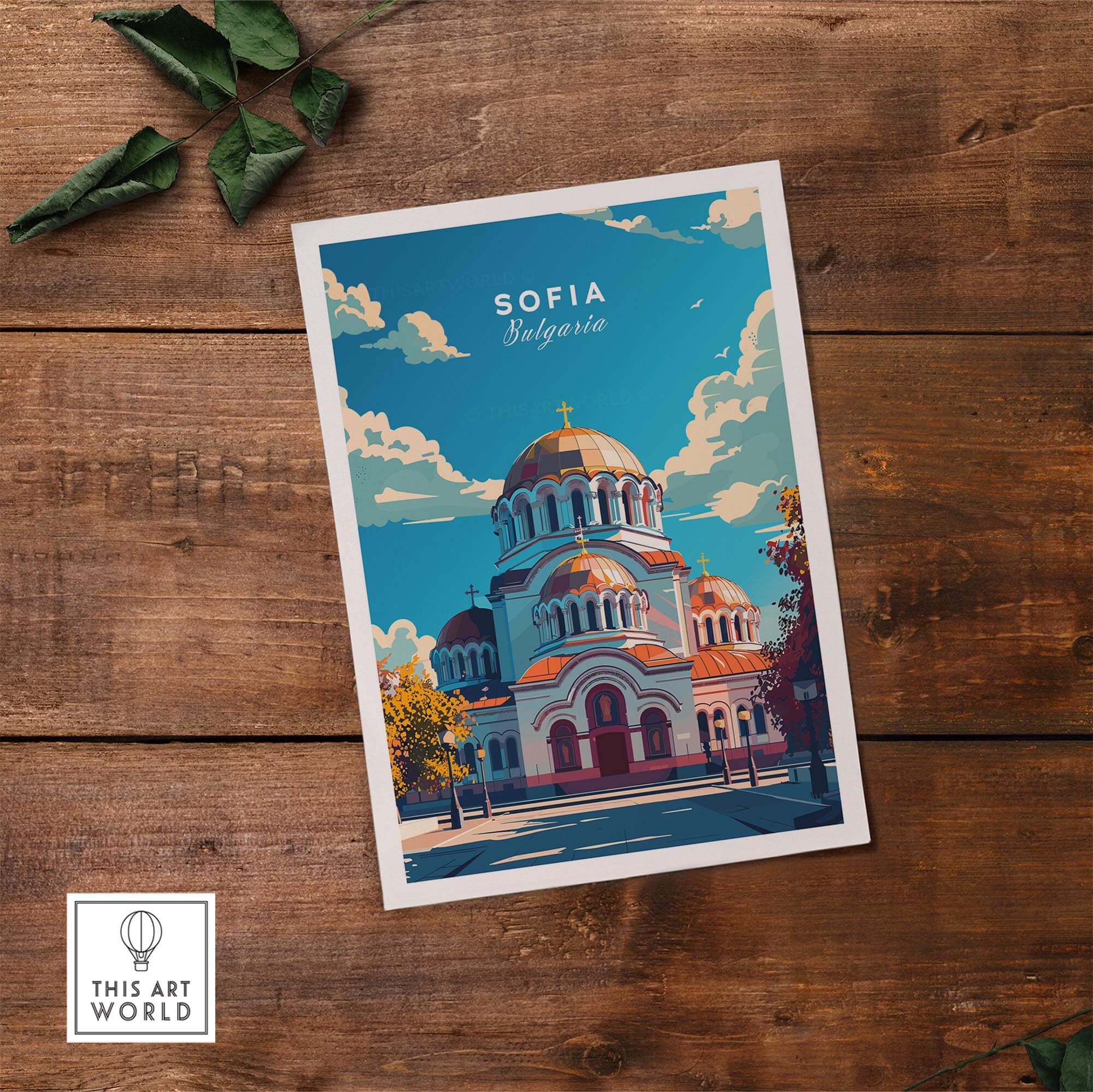 Sofia Travel Print - Bulgaria vibrant poster showcasing the architecture of Sofia, Bulgaria against a bright sky.