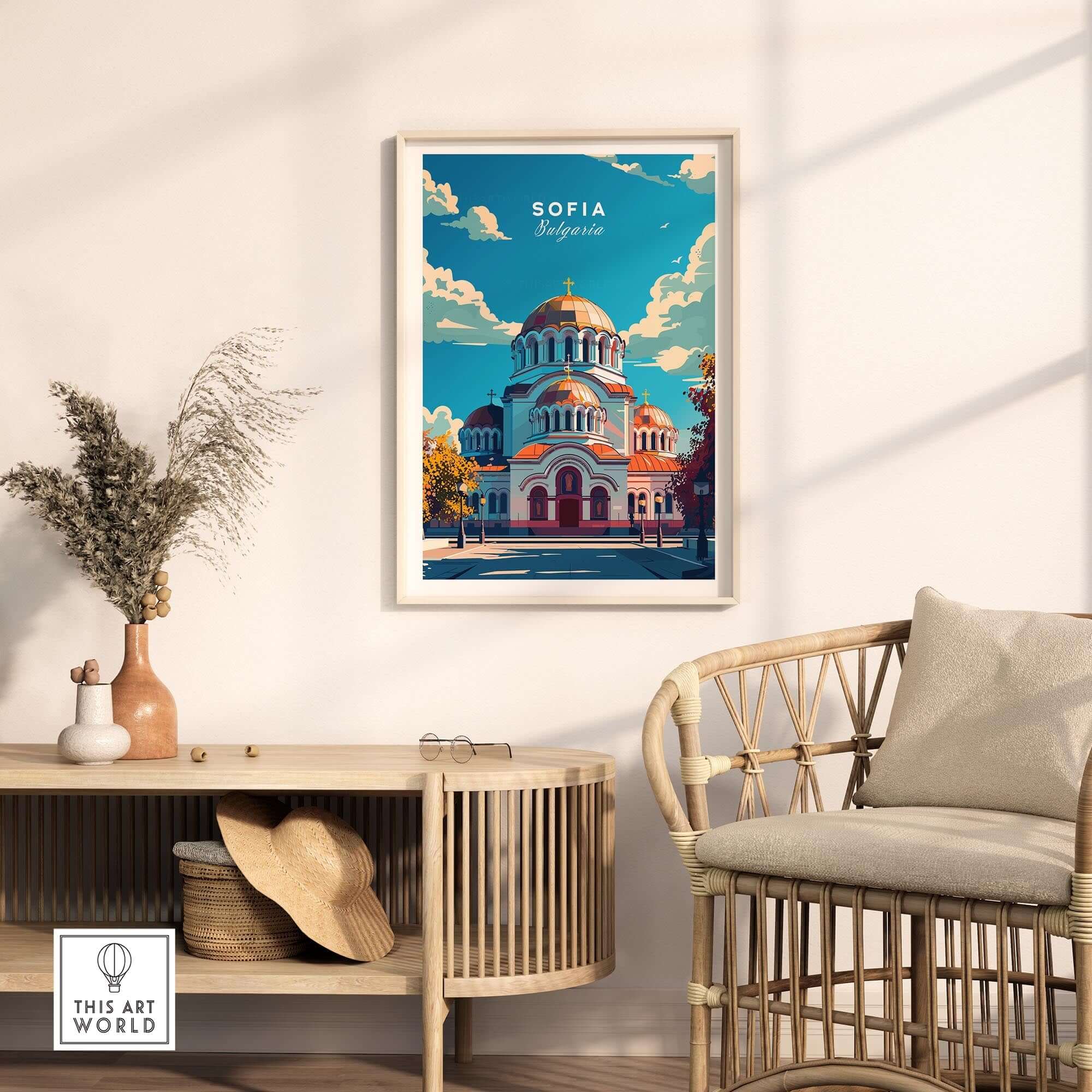 Sofia Travel Print - Bulgaria showcasing the stunning architecture of Sofia in a vibrant poster.