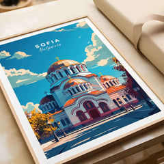 Sofia Travel Print - Bulgaria vibrant illustration of Sofia's architecture with blue skies and decorative elements.
