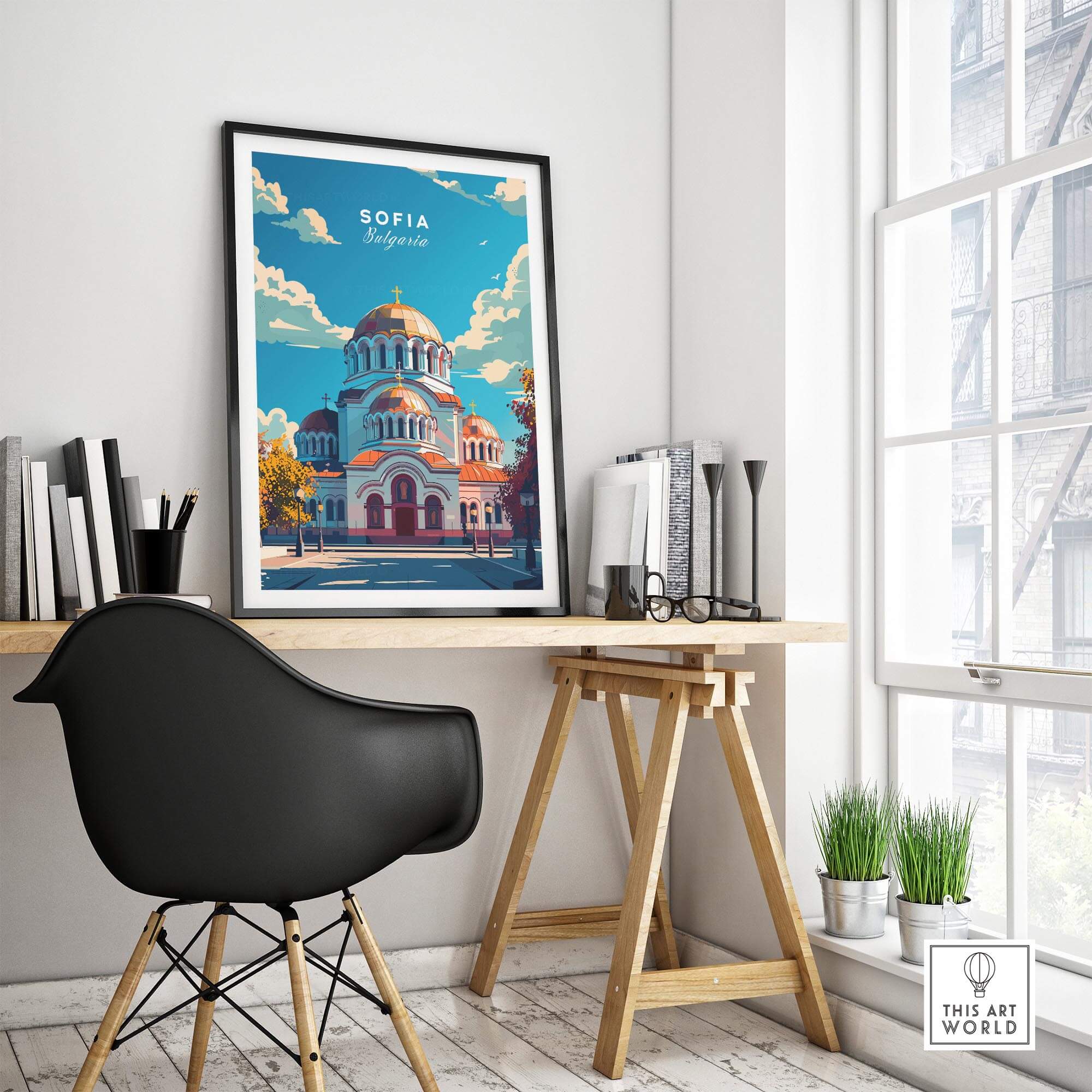 Sofia Travel Print - Bulgaria displayed in a modern workspace with natural light and stylish decor.