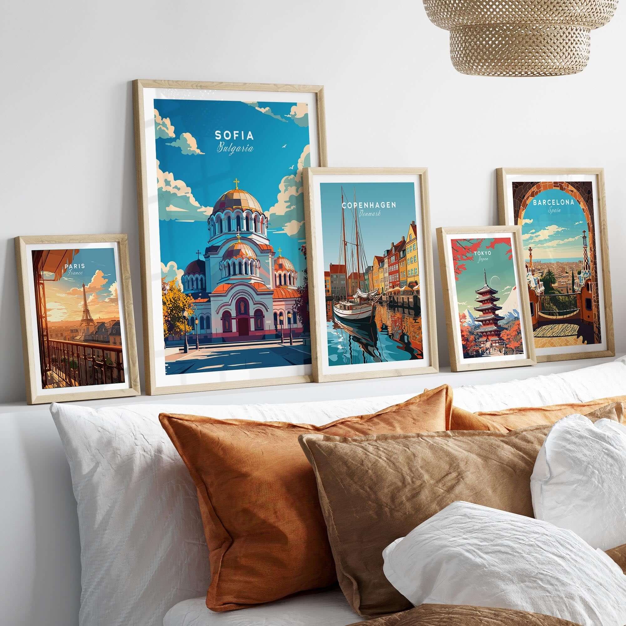 Sofia Travel Print - Bulgaria showcased among other vibrant travel posters in a cozy room setting.