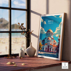 Sofia Travel Print - Bulgaria displayed in a bright room next to a vase, showcasing Bulgaria's capital's charm.