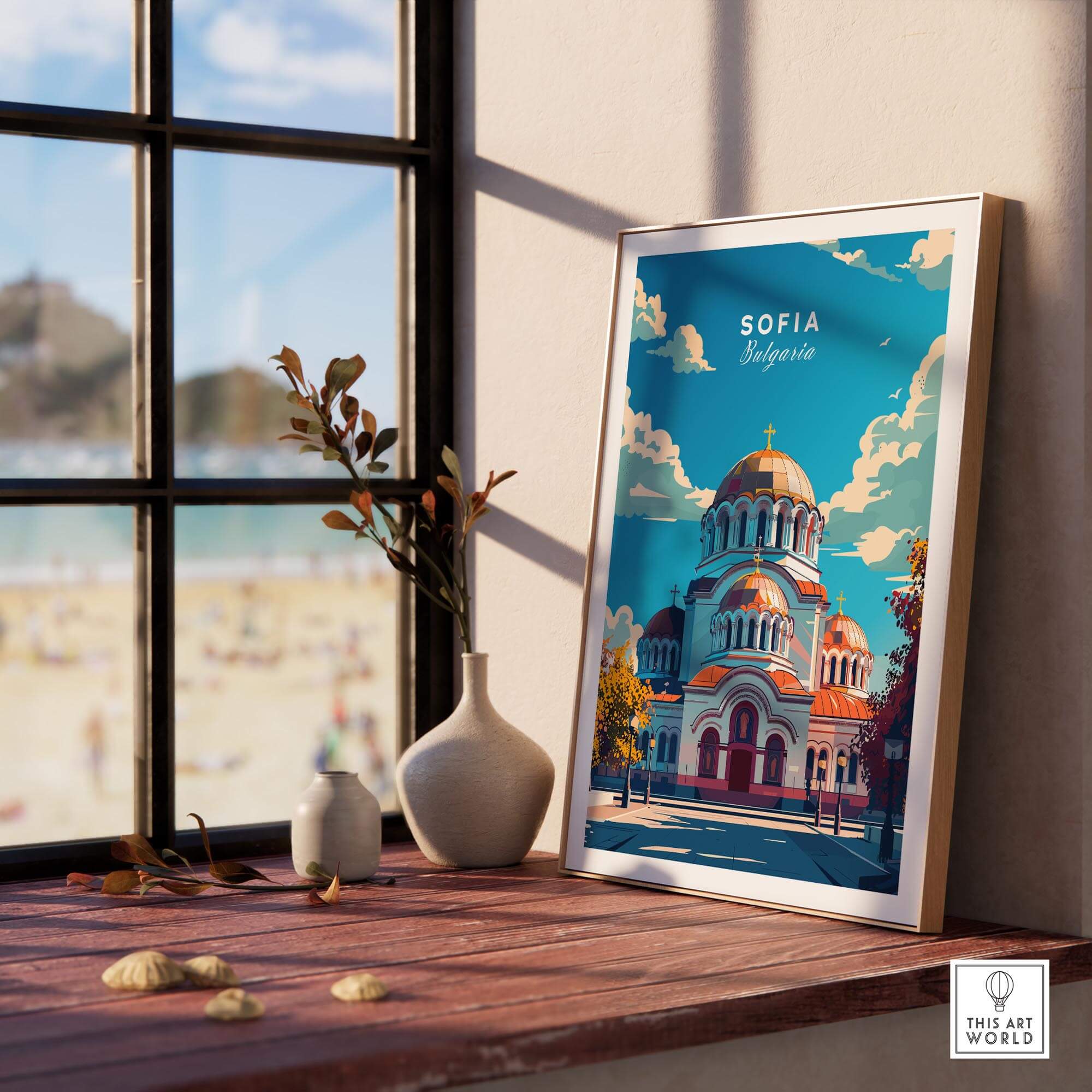 Sofia Travel Print - Bulgaria displayed in a bright room next to a vase, showcasing Bulgaria's capital's charm.