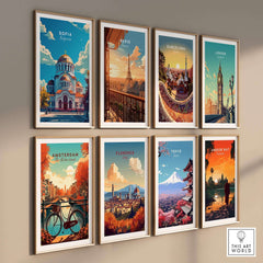 Sofia Travel Print - Bulgaria and other city travel posters displayed in a stylish gallery wall setup.