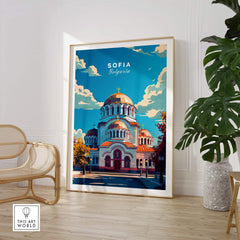 Sofia Travel Print - Bulgaria vibrant illustration of a Bulgarian cathedral in a beautiful setting.