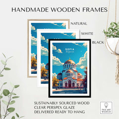 Sofia Travel Print - Bulgaria displayed in handmade wooden frames in natural, white, and black colors.