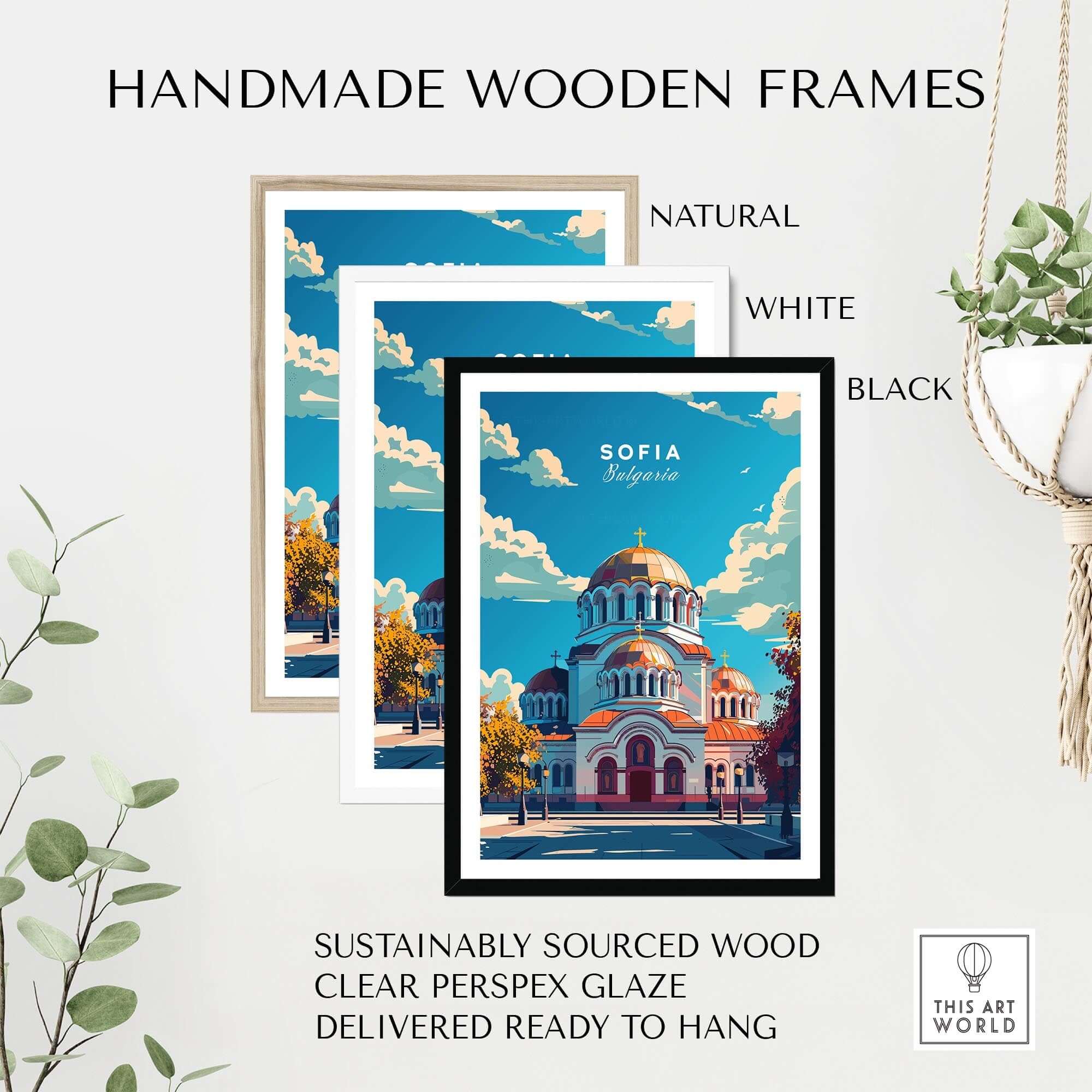 Sofia Travel Print - Bulgaria displayed in handmade wooden frames in natural, white, and black colors.