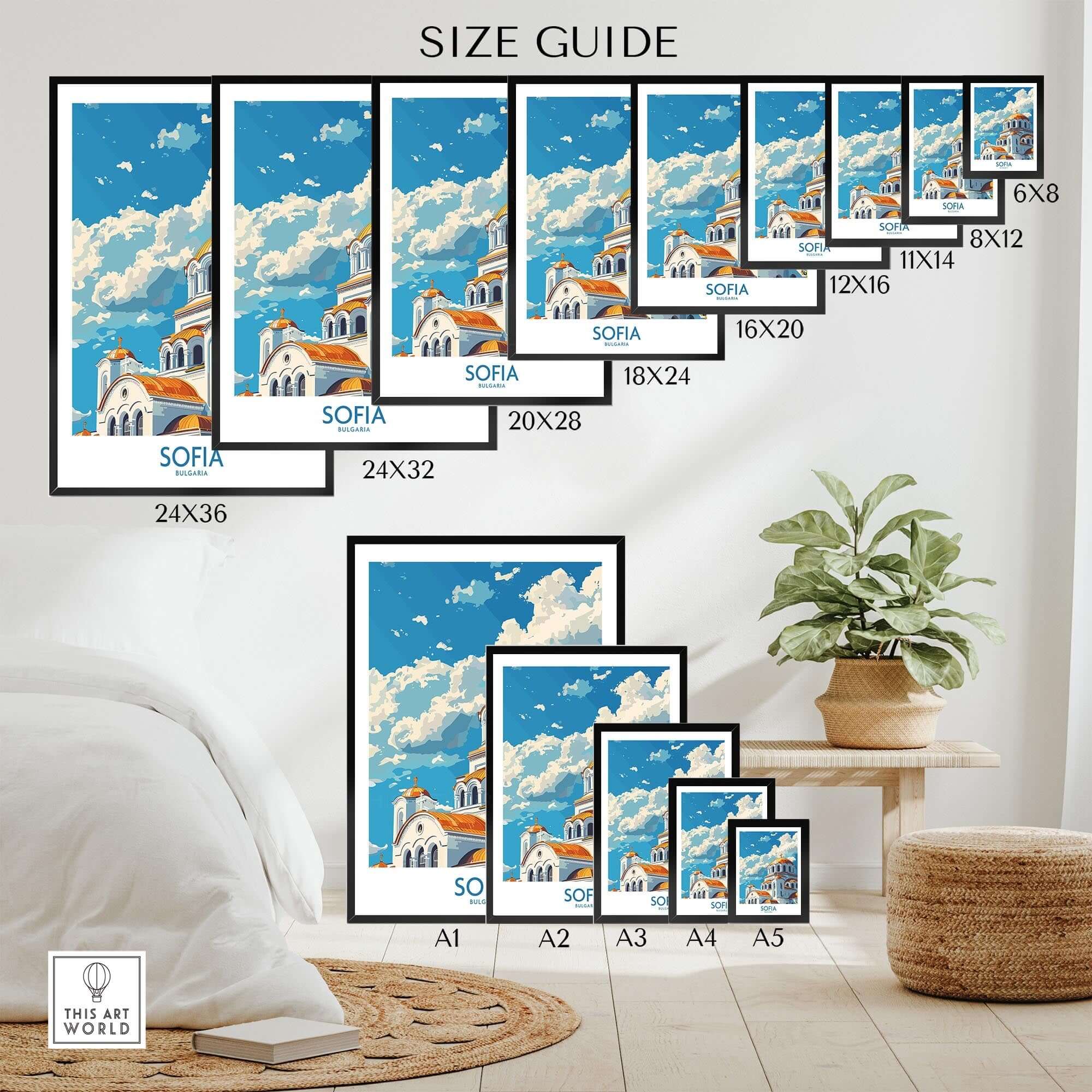 Sofia Wall Art Print - Bulgaria size guide showcasing available print dimensions and designs.