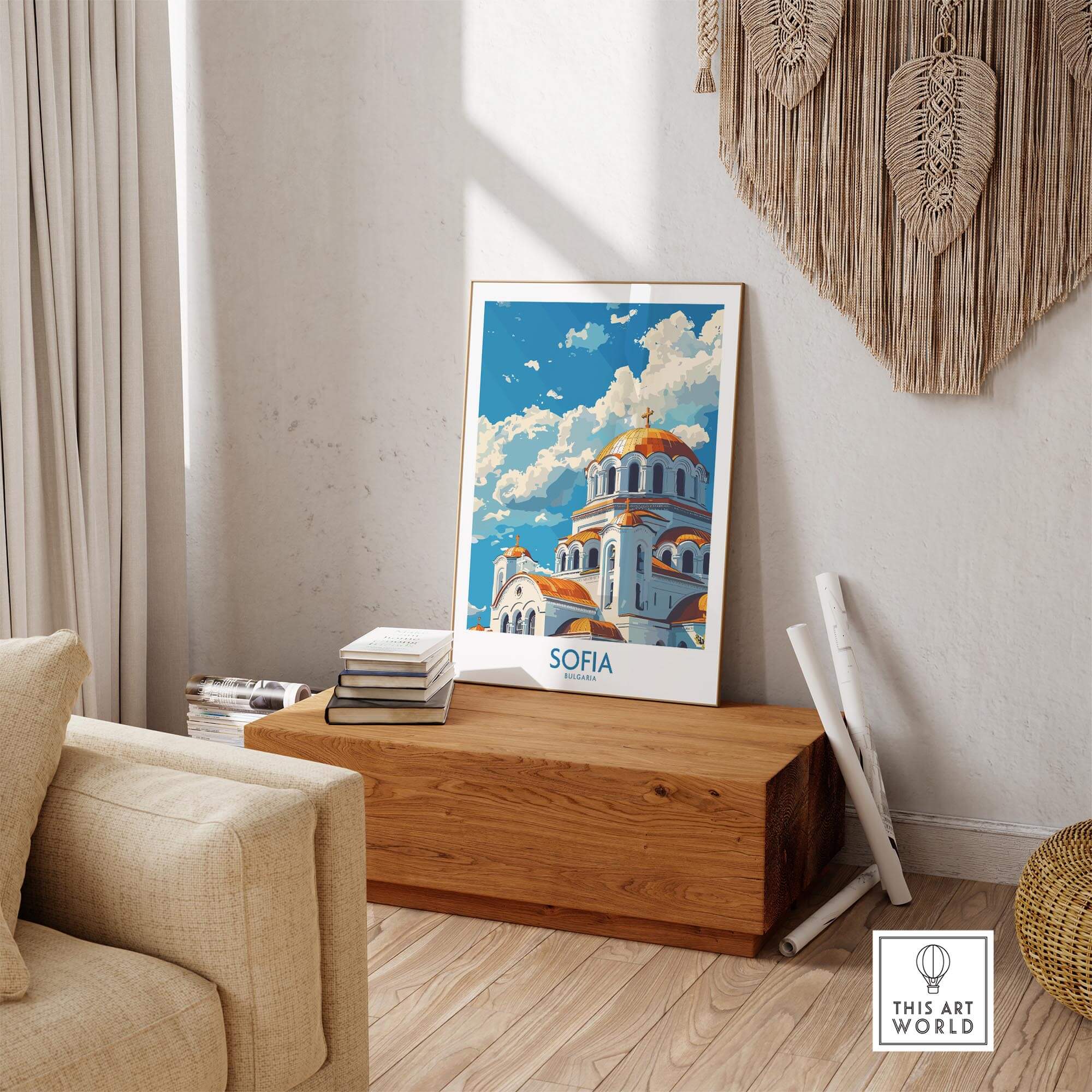 Sofia Wall Art Print - Bulgaria displayed in a cozy living room setting with wood accents.