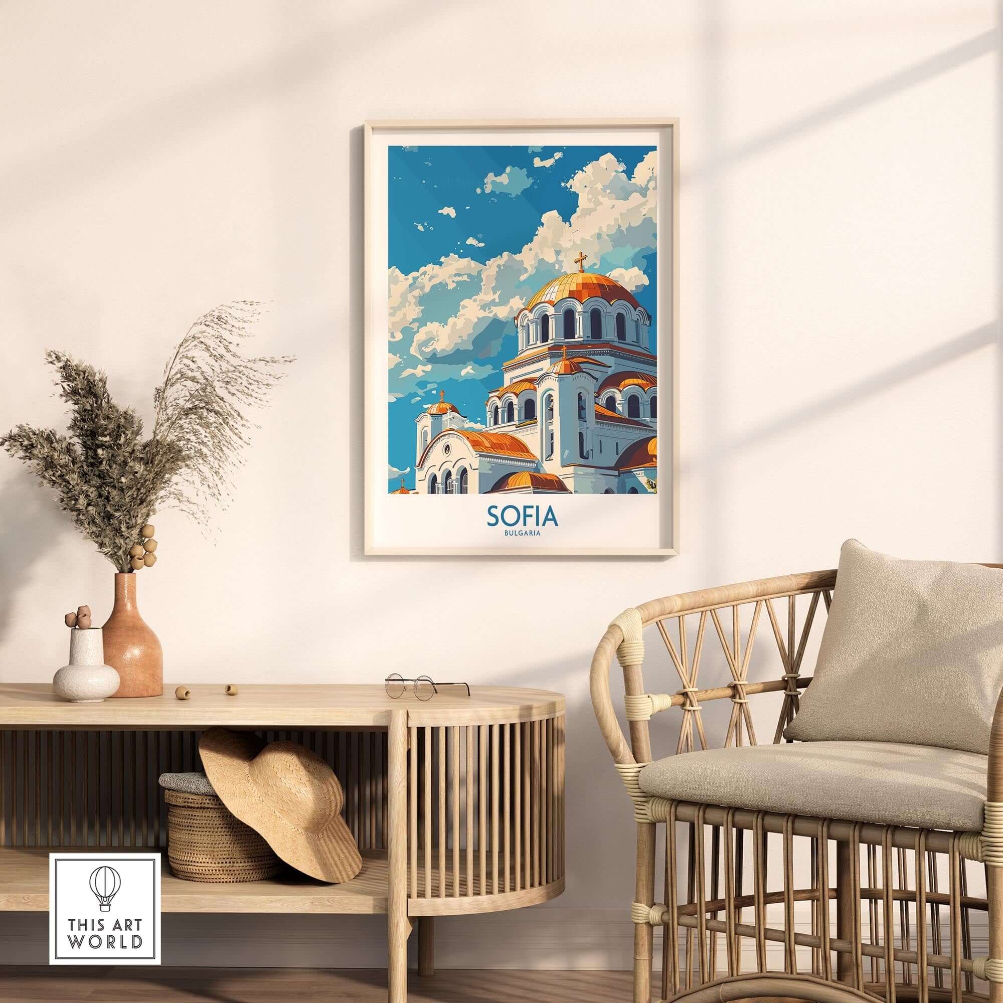 Sofia Wall Art Print - Bulgaria displayed in a light-filled room with a modern chair and decorative elements.