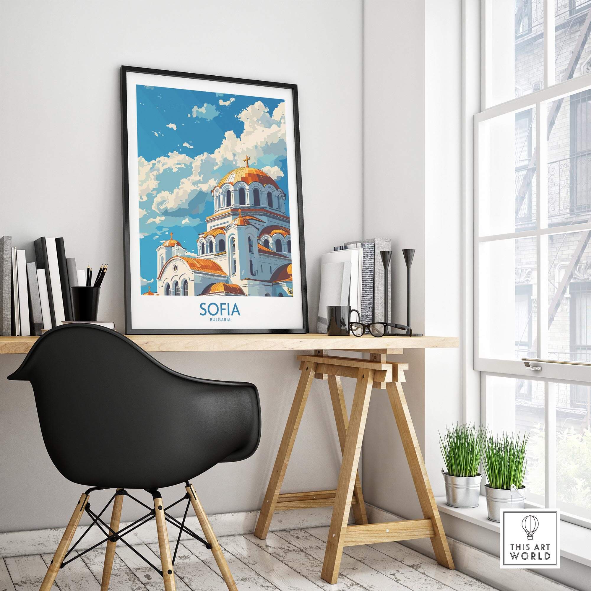 Sofia Wall Art Print - Bulgaria displayed in a modern room with desk and decor elements.