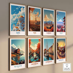 Sofia Wall Art Print - Bulgaria and various cityscape prints on a wall showcasing international landmarks.
