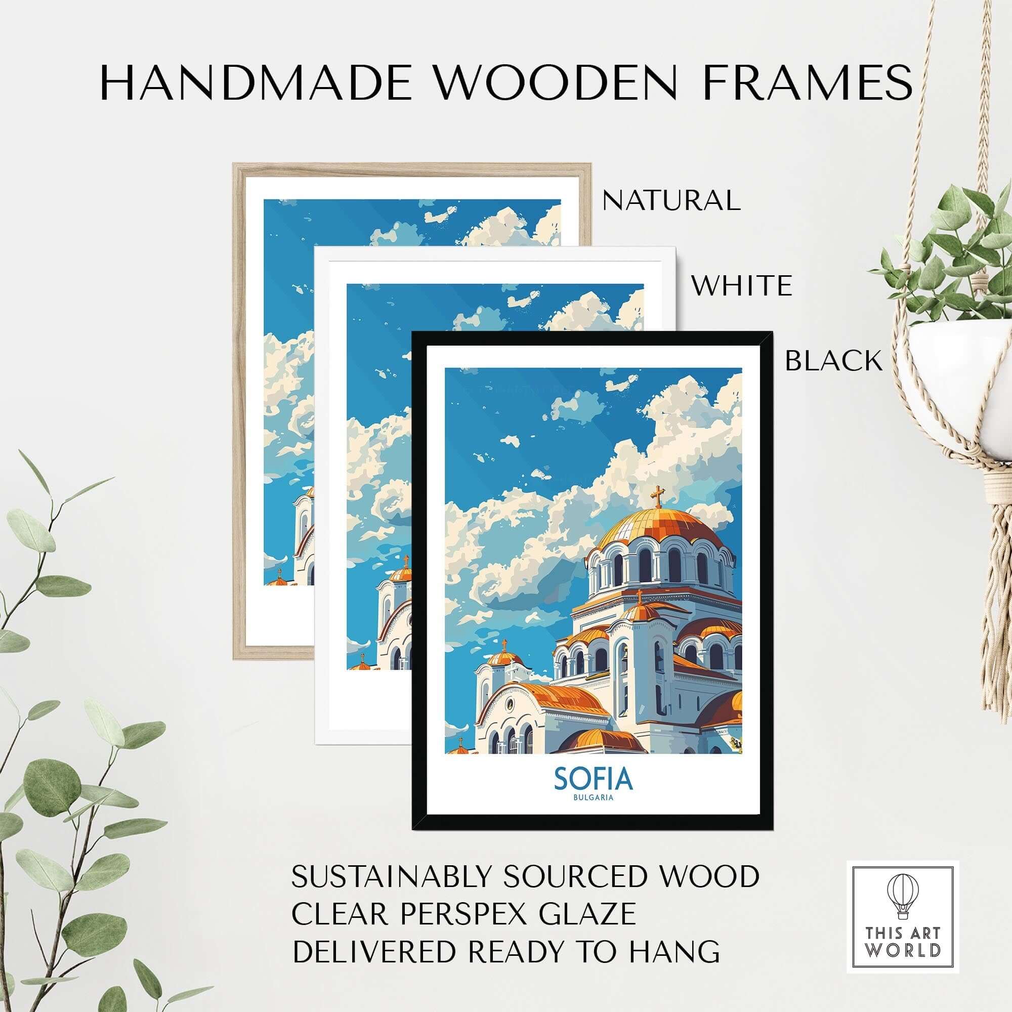 Sofia Wall Art Print - Bulgaria in handmade wooden frames available in natural, white, and black.