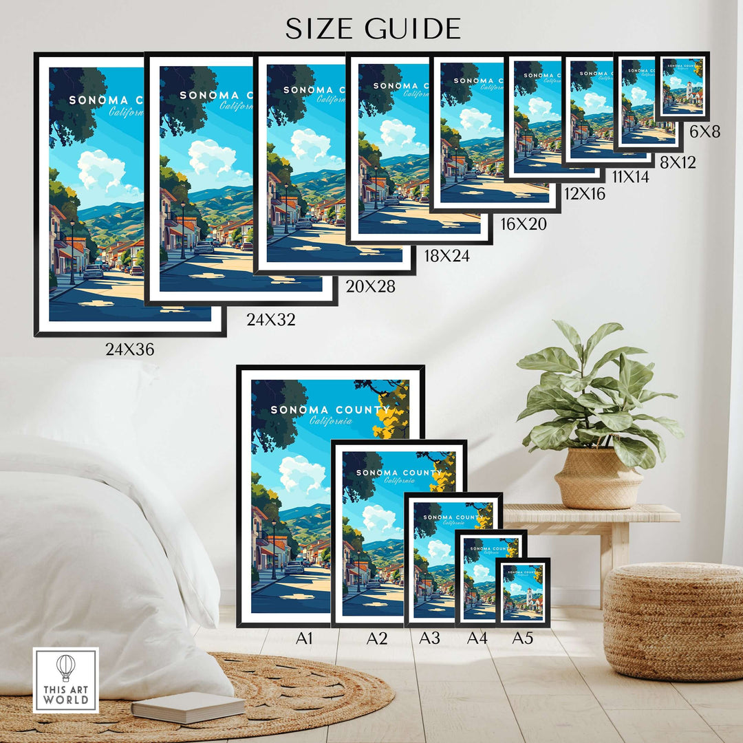Sonoma County art print size guide showcasing various frame dimensions for California village poster.