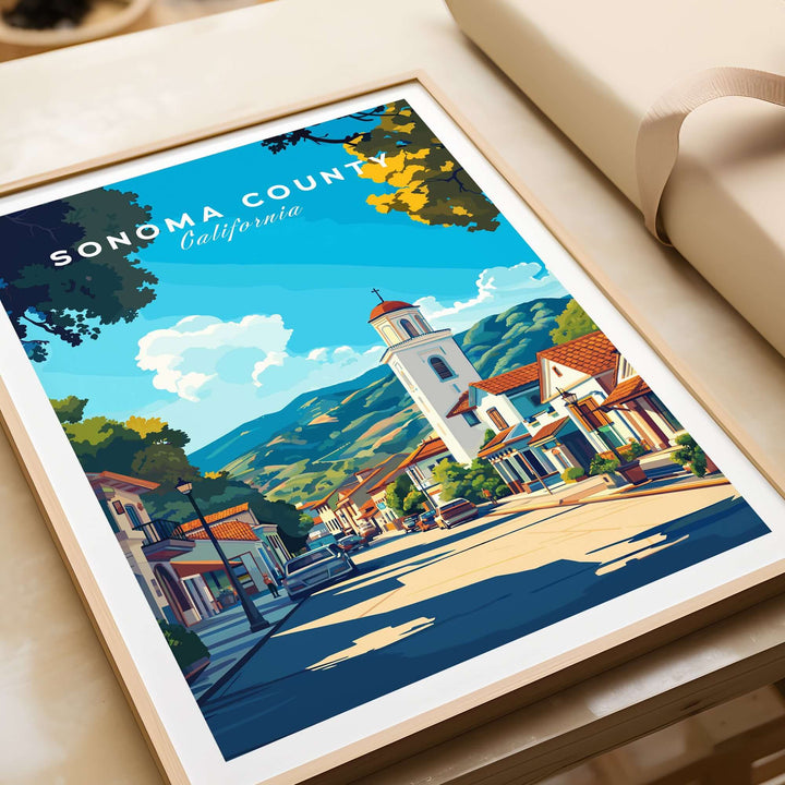 Sonoma County art print showcasing a charming California village in wine country with vibrant colors and inviting scenery.