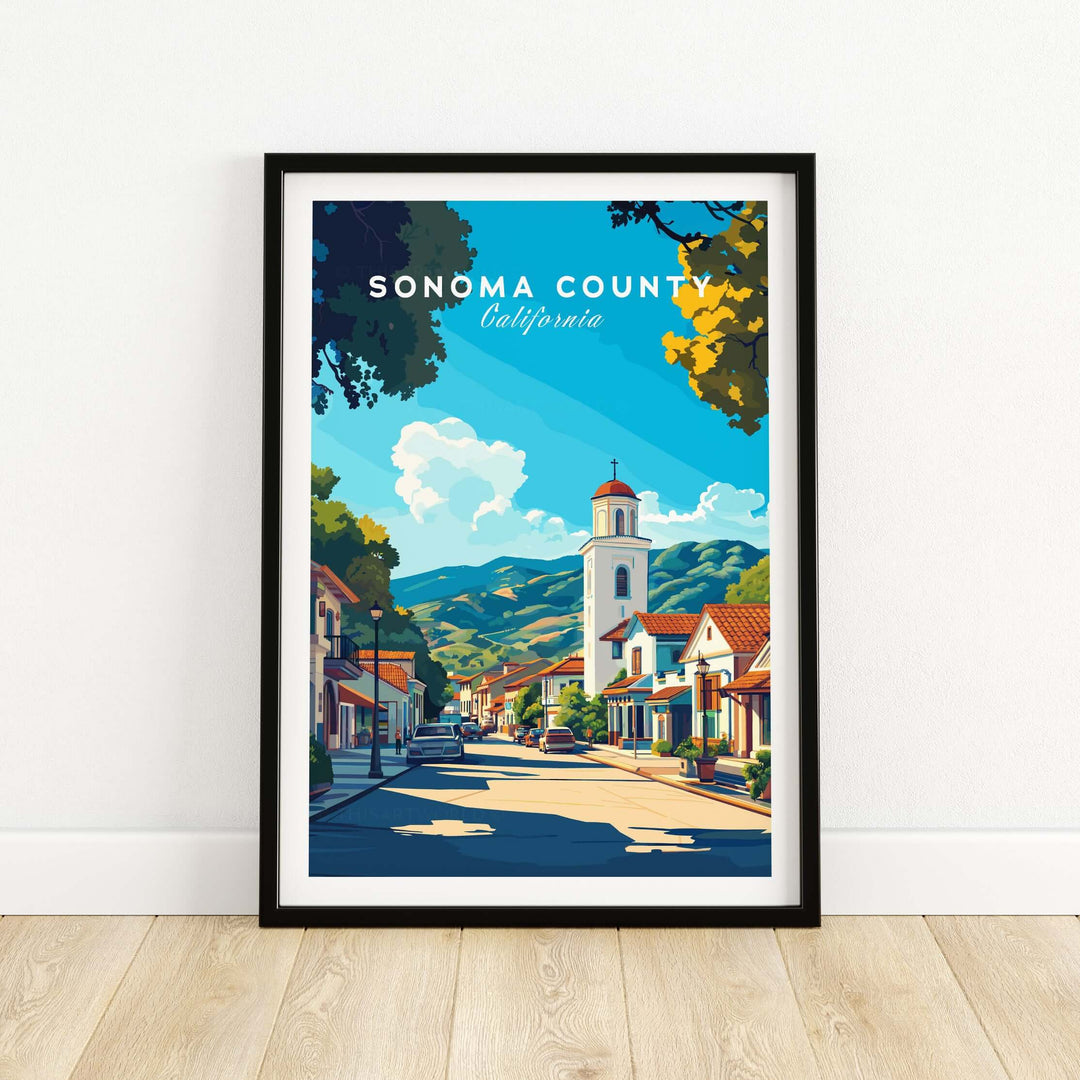 Sonoma County California art print featuring vibrant village scene and rolling vineyards, perfect for wall decor.