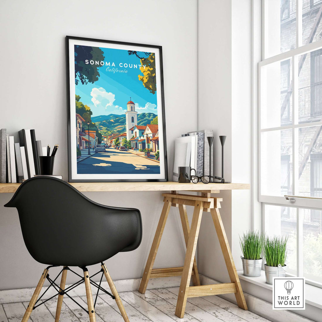 Sonoma County art print in a stylish office setting, showcasing a charming California village scene among vineyards.