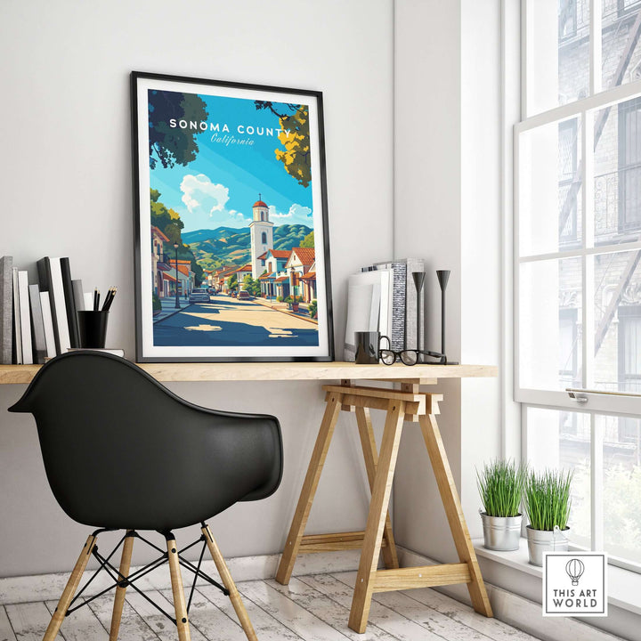 Sonoma County art print in a stylish office setting, showcasing a charming California village scene among vineyards.