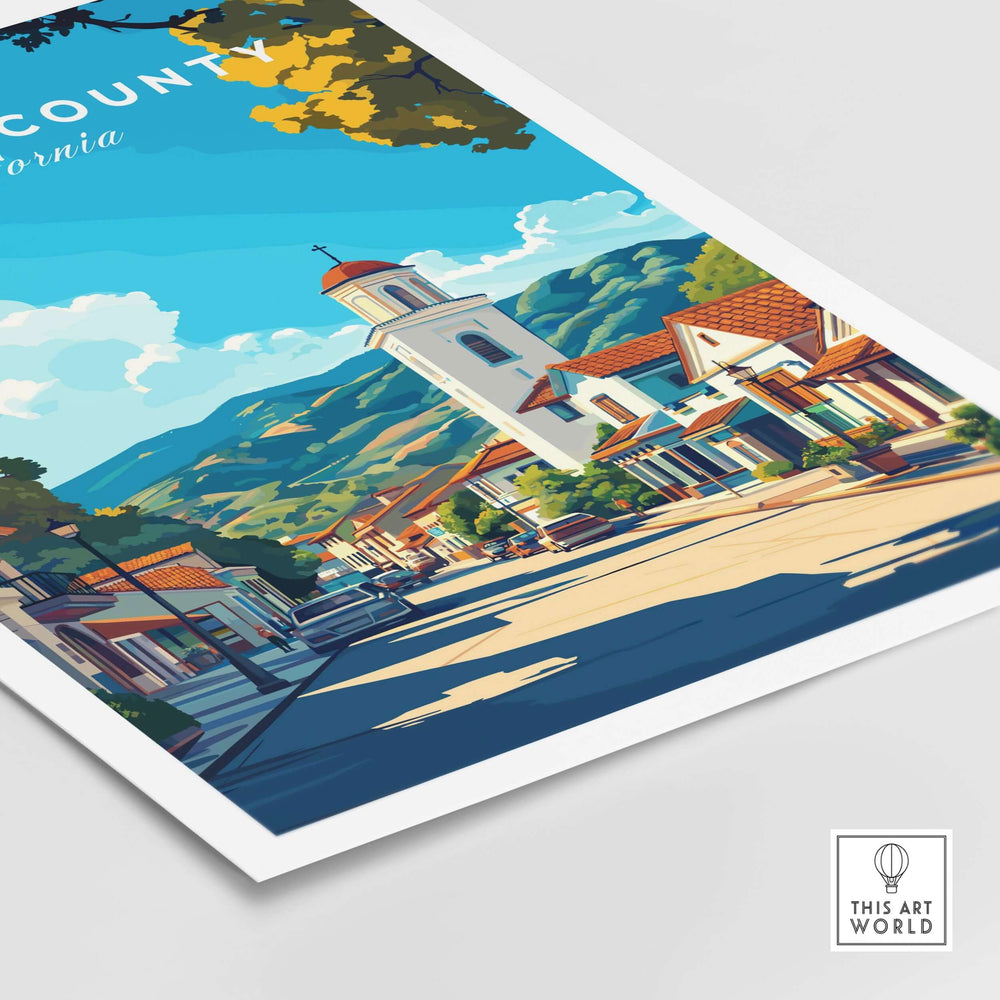 Colorful Sonoma County art print featuring a California village with vineyards and mountains in the background.