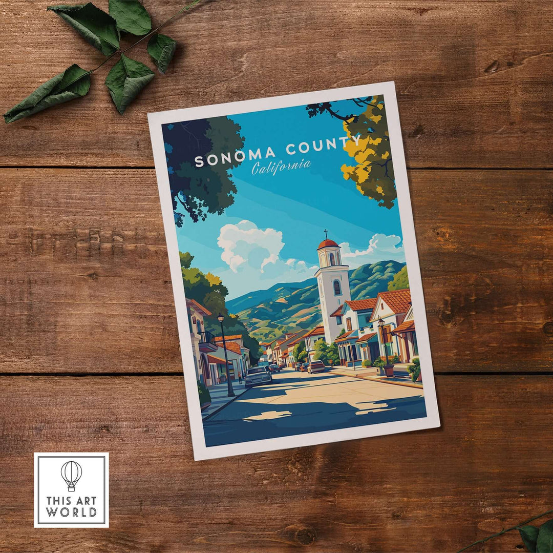 Sonoma County art print depicting a California village in wine country, perfect for home decor.