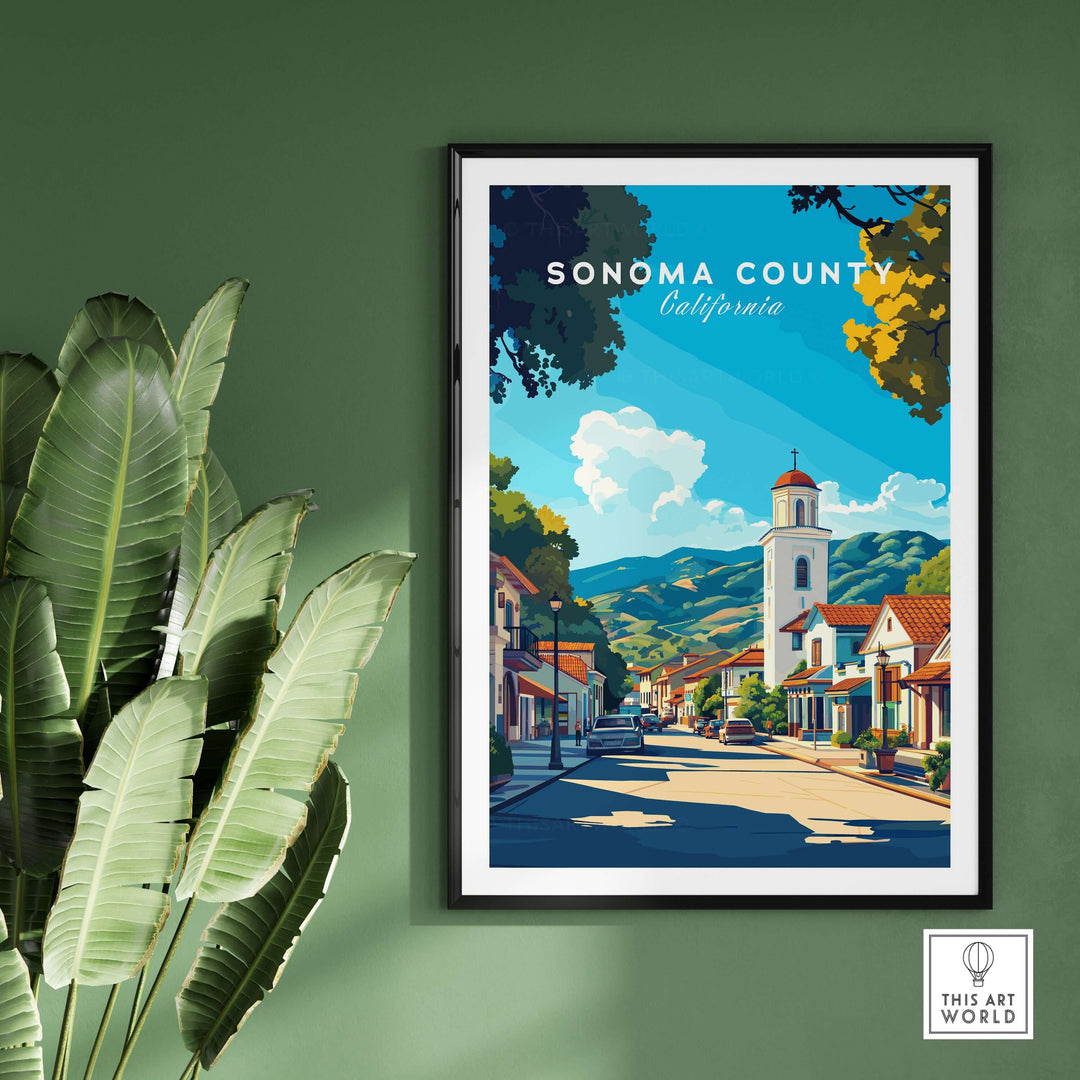 Sonoma County California art print showcasing a picturesque village scene in wine country, perfect for home decor.