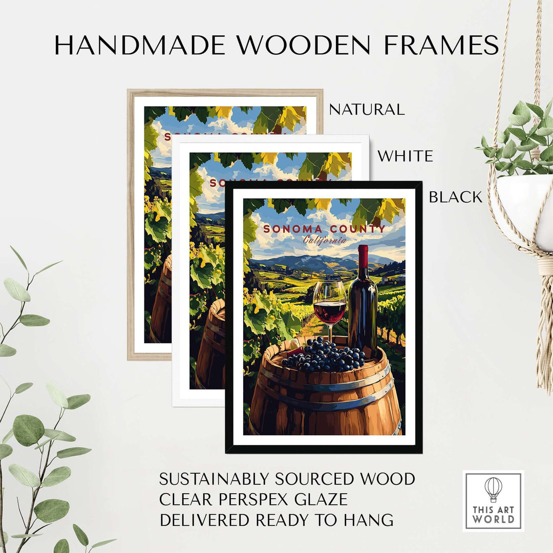 Handmade wooden frames in natural, white, and black for Sonoma County art print, featuring sustainably sourced wood.