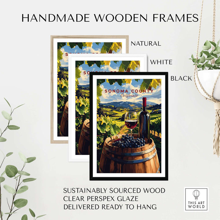 Handmade wooden frames in natural, white, and black for Sonoma County art print, featuring sustainably sourced wood.
