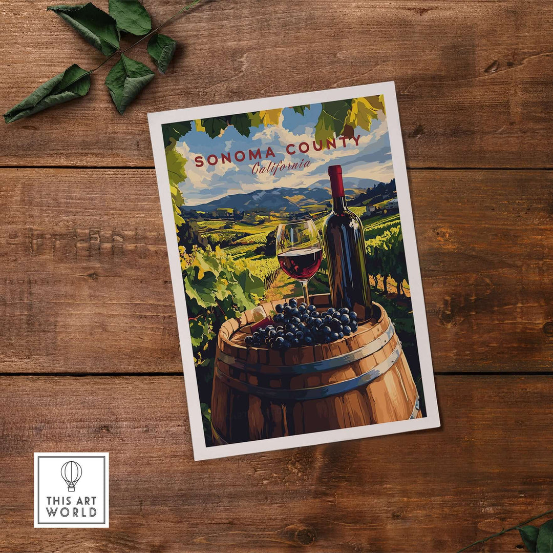 Sonoma Valley art print featuring a wine bottle and glass on a barrel surrounded by vineyards.