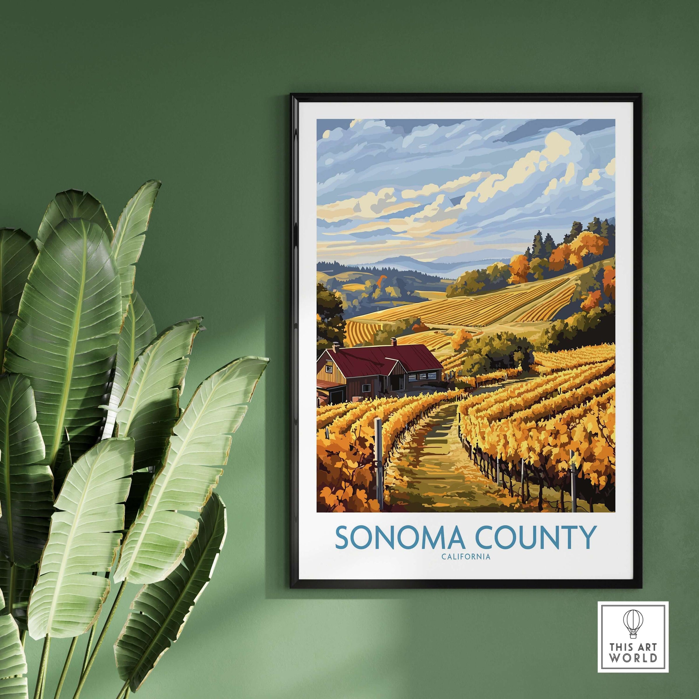 Sonoma Vineyard Farmhouse Poster - California Autumn Print - Golden Vineyards Wall Art showcasing vibrant vineyards and autumn colors.