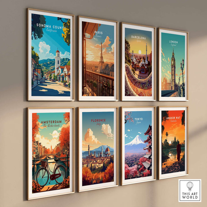 Collection of vibrant travel art prints featuring Sonoma County, Paris, Barcelona, London, and more.