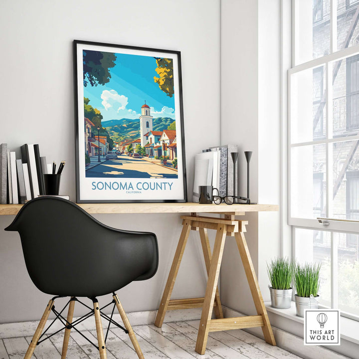 Sonoma Town poster in a stylish workspace, showcasing California's wine country charm and vibrant scenery.