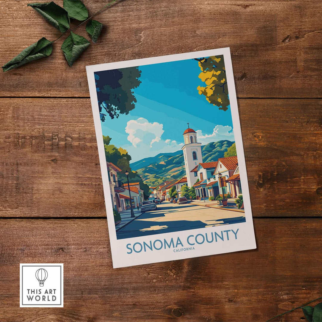 Sonoma Town Poster featuring charming streets of Sonoma County, California travel print wall art.