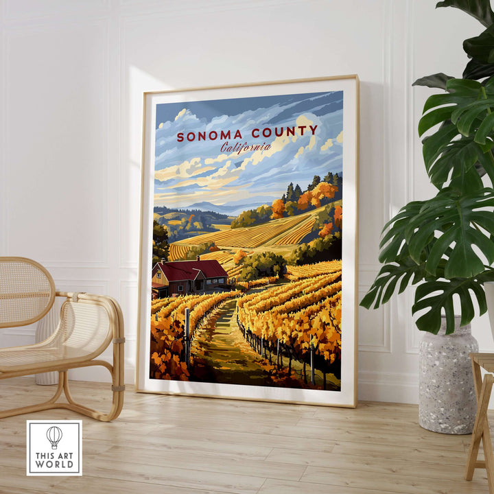 Sonoma Wine Country art print showcasing vibrant vineyard landscape and harvest scene in California.