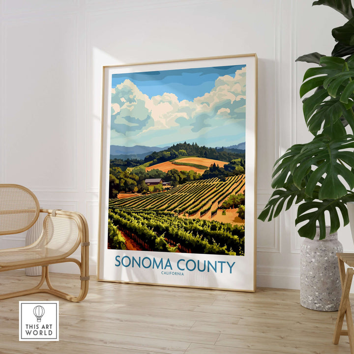 Sonoma Vineyard Landscape Poster showcasing rolling hills and lush vineyards in California's wine country.