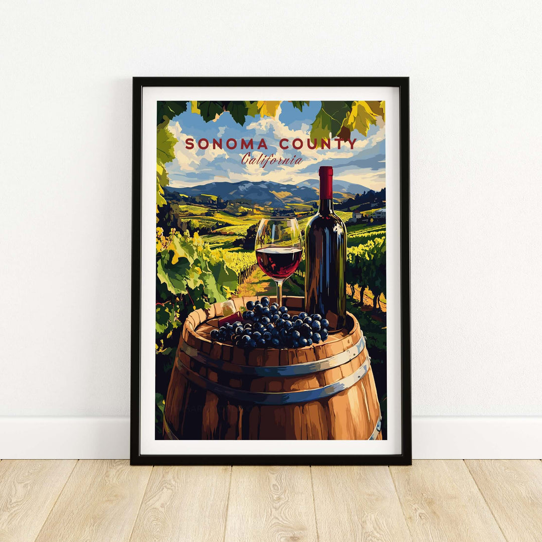 Sonoma County art print featuring a wine bottle and glass on a barrel amid vineyard landscape, perfect for rustic decor.