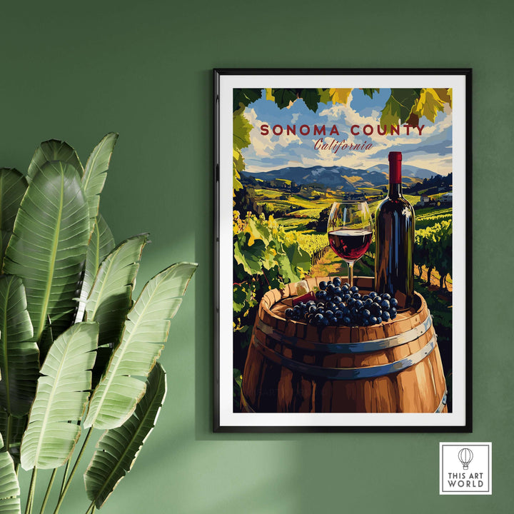 Sonoma County art print featuring a wine bottle, glass, and grapes in a vineyard setting for elegant home decor.